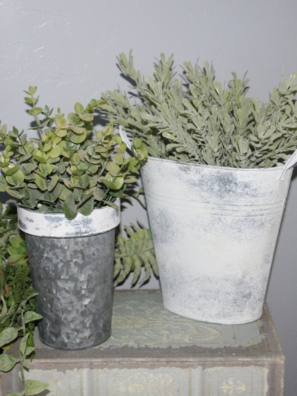 French Country Farmhouse Shabby Distressed White Metal Buckets with Greenery